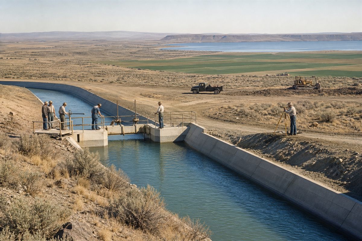 Columbia Basin Project irrigation works bringing water onto the dry Washington plateau around 1950