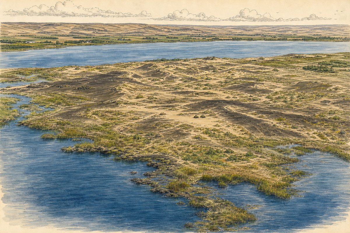 An elevated view shows the Moses Lake dune field between two bodies of water with wetlands along the margins