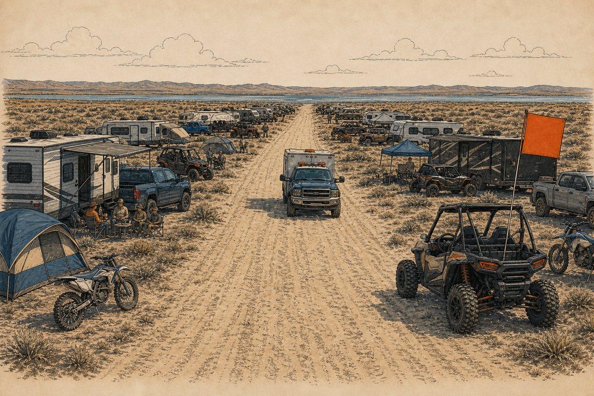 Holiday-weekend camps remain set back from a broad emergency access corridor through the Moses Lake dunes