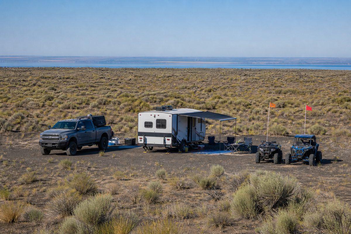 A rustic camp set up on open sand at the Grant County ORV area with no hookups or developed facilities
