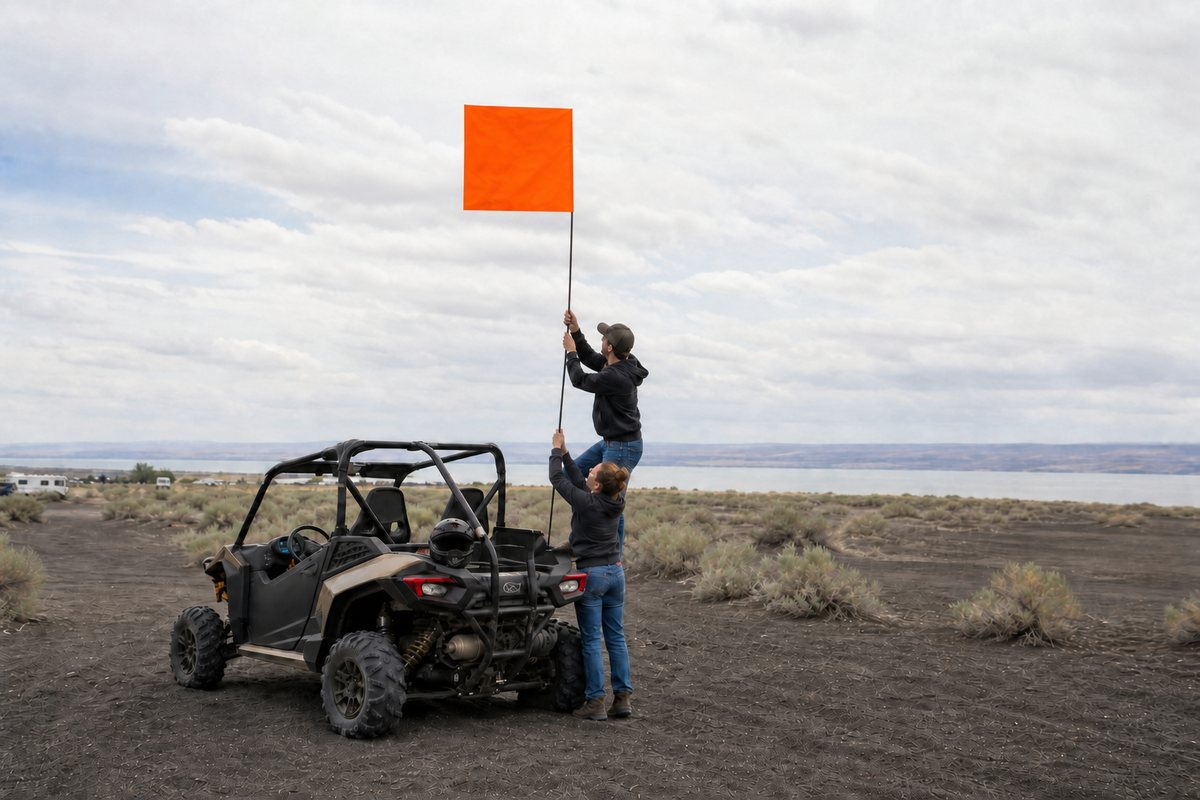 A four-foot square bright orange safety flag flown high above a side-by-side, meeting the Grant County requirement