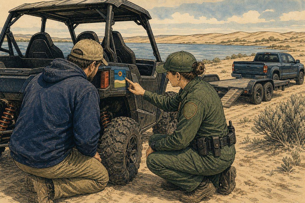 A rider and ranger check the registration decal on a side-by-side before it is unloaded at Moses Lake