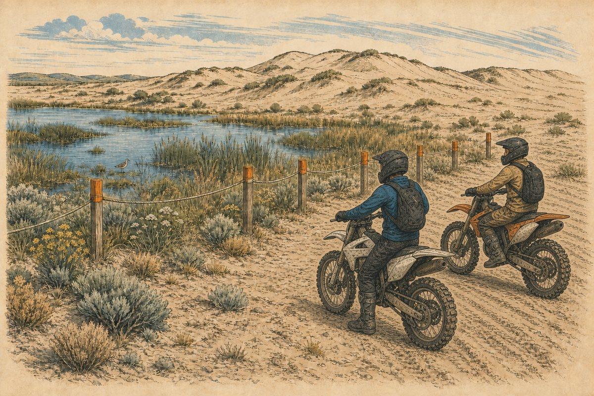 Two helmeted motorcycle riders stop outside a marked wetland and habitat boundary at the Moses Lake dunes