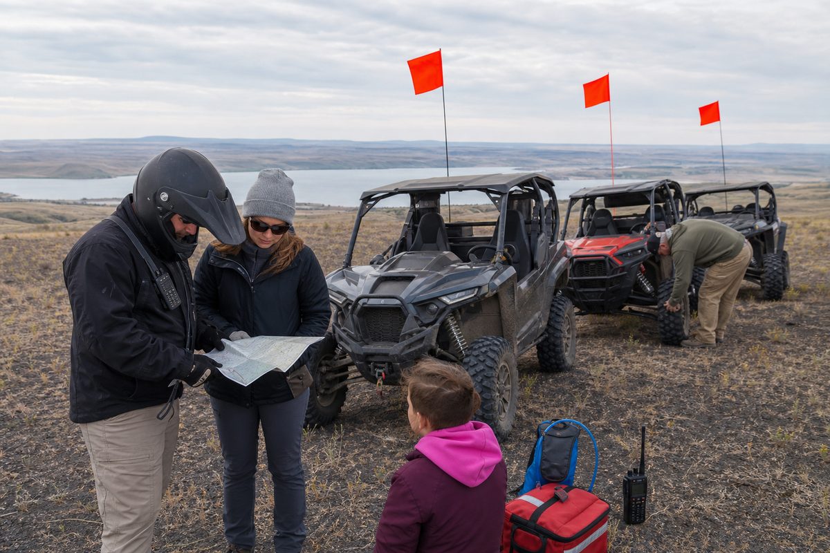 A riding group gathered before setting out, agreeing routes, radio channels, and regroup points
