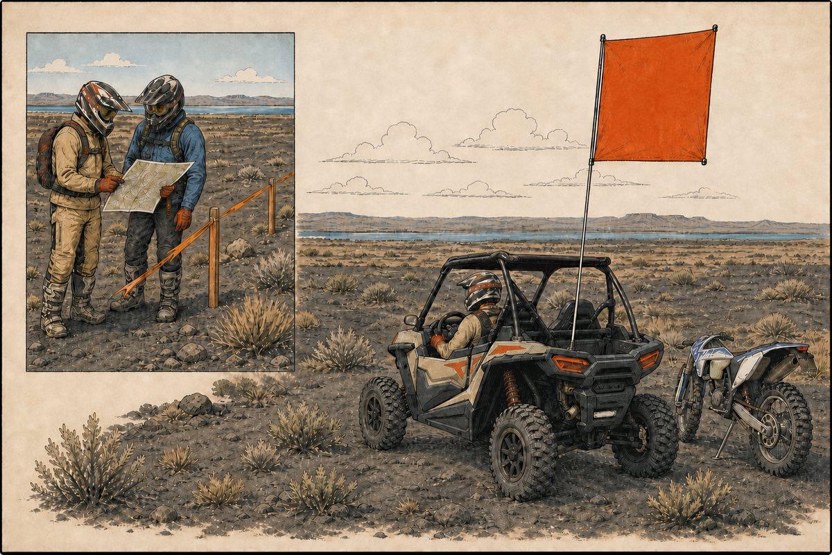 Moses Lake safety field guide showing a UTV with the required oversized square orange flag, a dirt bike rider, and a group checking a map before entering a seasonal zone