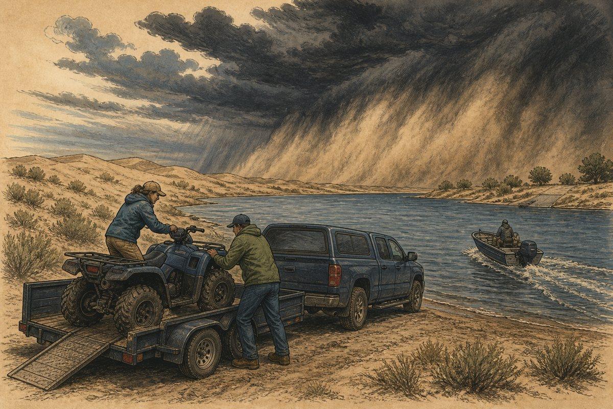Riders load an ATV while a boat returns as a dark Columbia Basin storm and dust wall approach